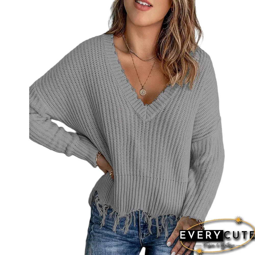 Gray V Neck Cotton Tasseled Knit Sweater