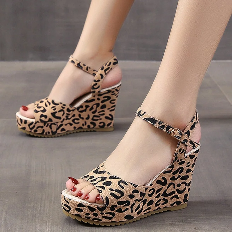 Leopard Chunky Platform Sandals Woman 2022 Summer Buckle Wedges Shoes For Women Open Toe Thick Bottom Gladiator Sandalias