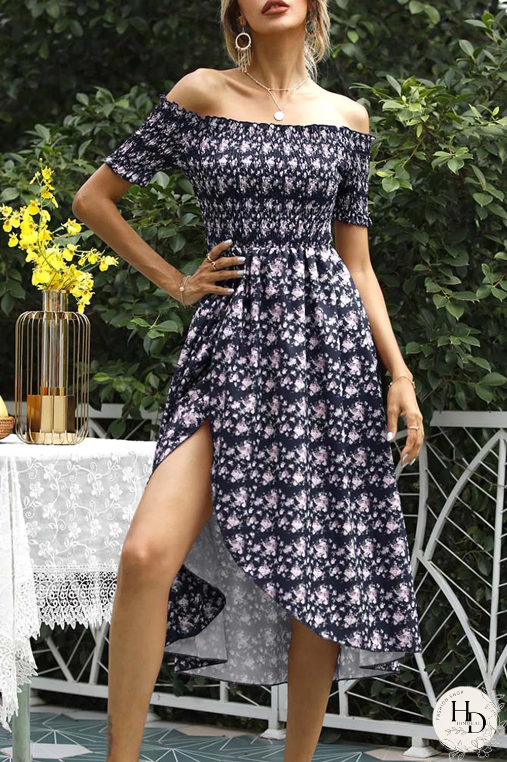 Elegant Floral Split Joint Off the Shoulder A Line Dresses