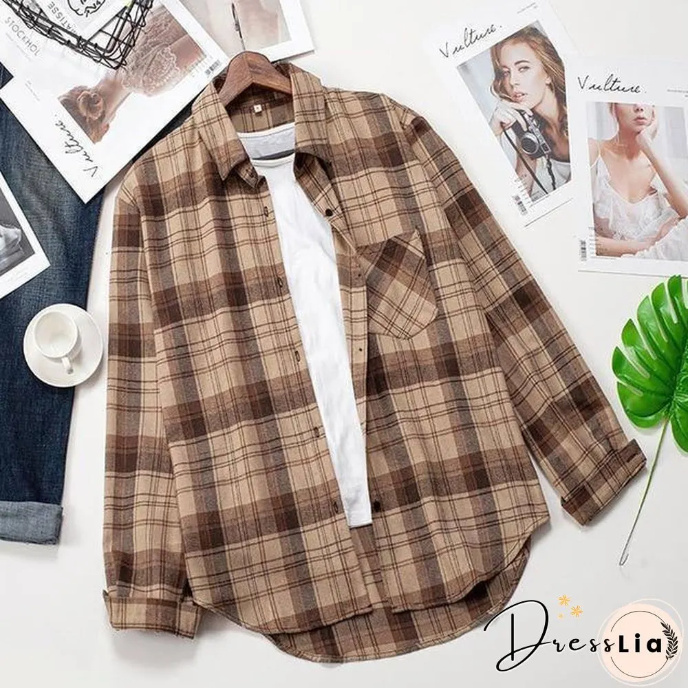 Plaid Shirts Womens Blouses Long Sleeve Lady Checked Tops Loose Female Outwear Casual
