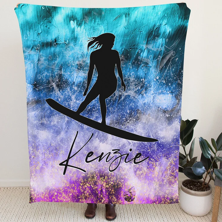 Surfer Blanket Personalized, Surfing Gifts for Girls Tropical Blanket, Summer | BKKid634