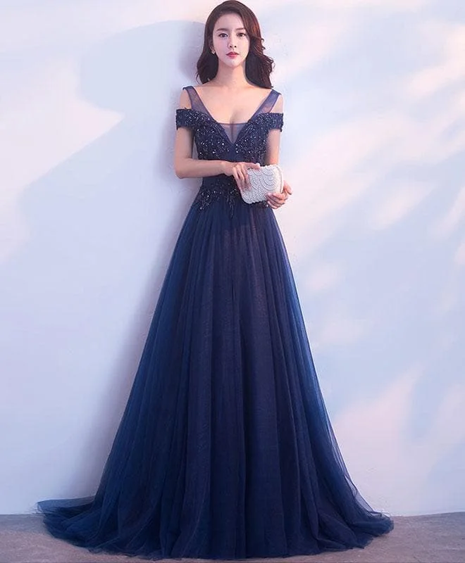 Dark Blue Tulle Long Prom Dress, Blue Evening Dresses