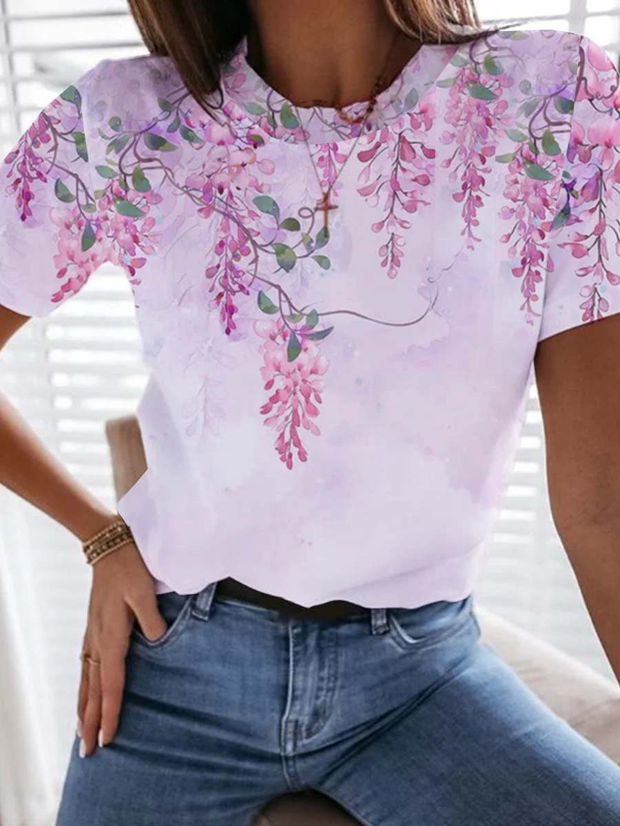 Floral Short Sleeve  Printed  Cotton-blend Crew Neck Casual Summer Purple Top