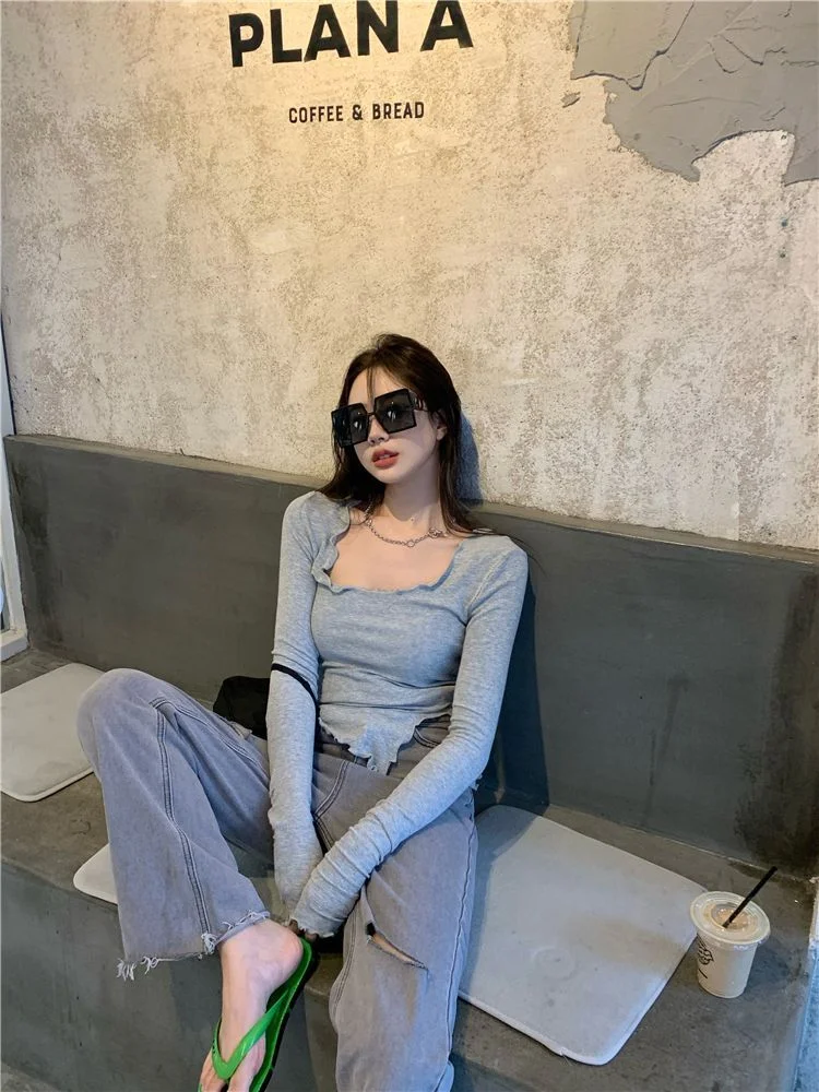 Long-Sleeve Lettuce Edge Asymmetrical Hem Skinny Knit Top YP3053