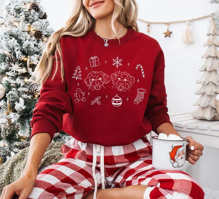 Custom Christmas Sweatshirts Custom Pet Photo Outline Art Printed Cute Holiday Sweatshirt Hoodie T-shirt