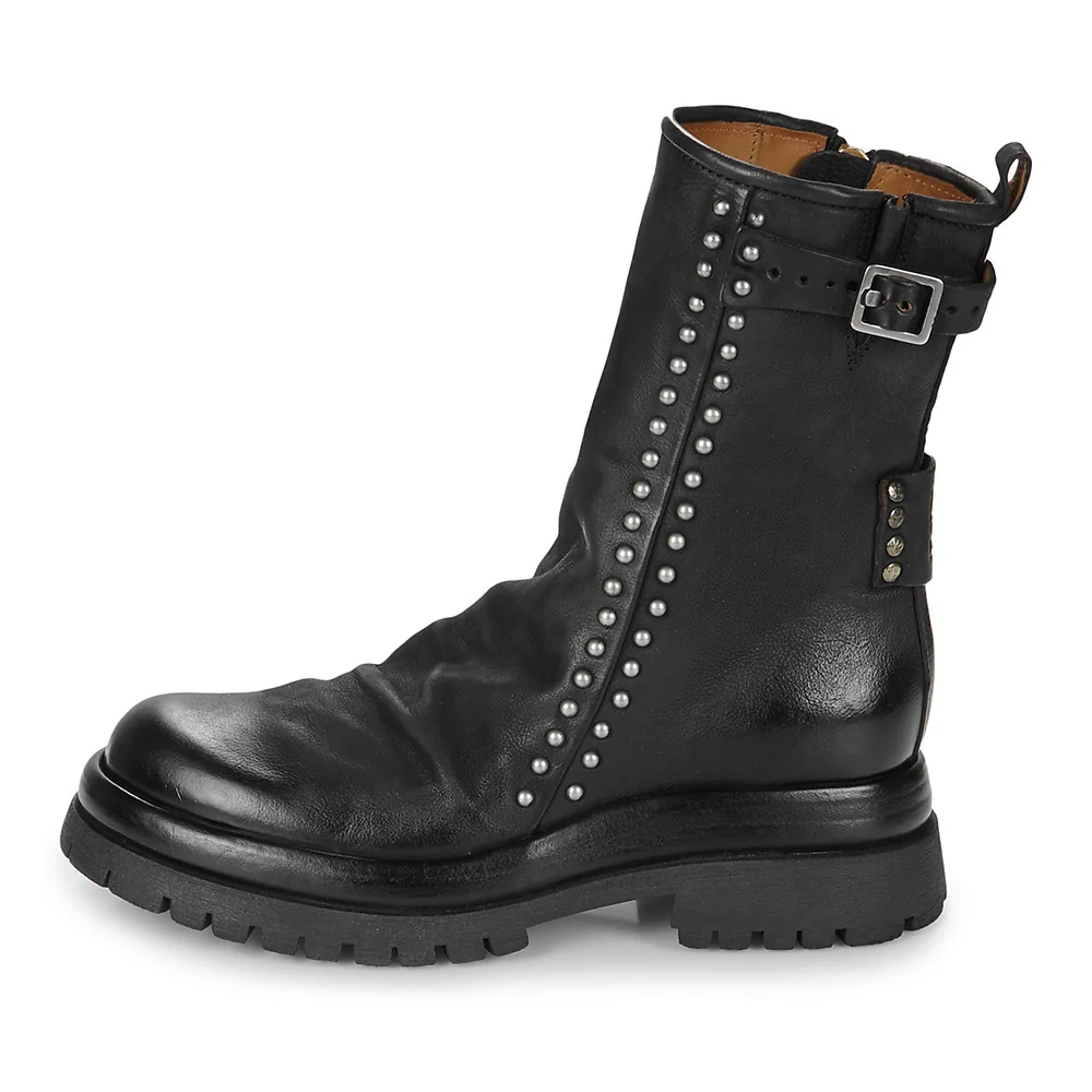 Black Round Toe Studded Zipper Heeled Ankle Boots with Buckle Strap