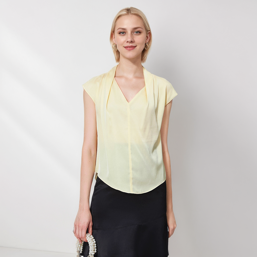 Fresh-toned V-neck Silk Blouse with Irregular Hem for Daily Leisure REAL SILK LIFE