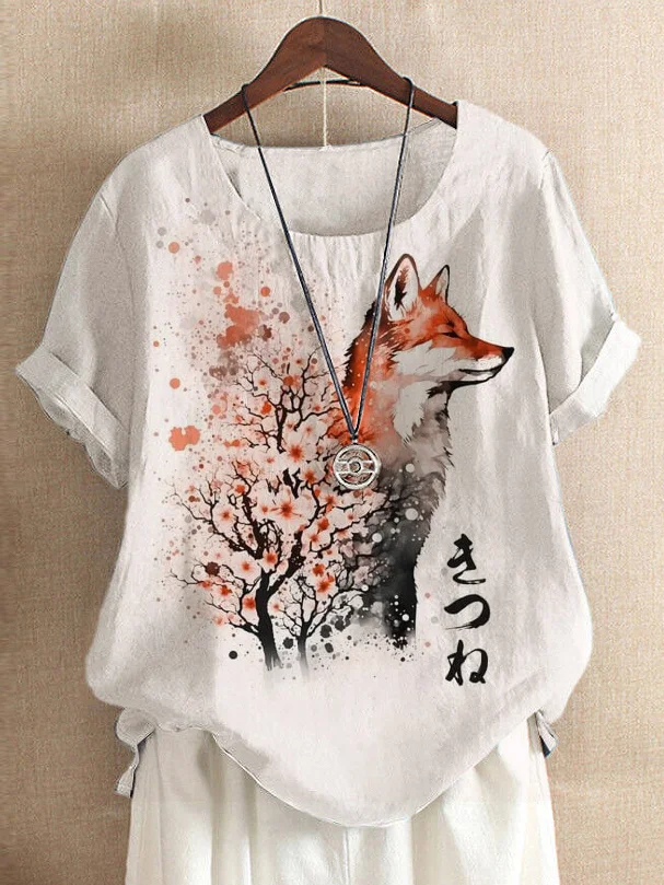 Women's Sakura Blossom Fox Art Painting Print Retro T-Shirt