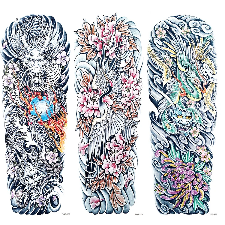 3 Sheets Flower Dragon Wave Japanese Style Full Arm Sleeves