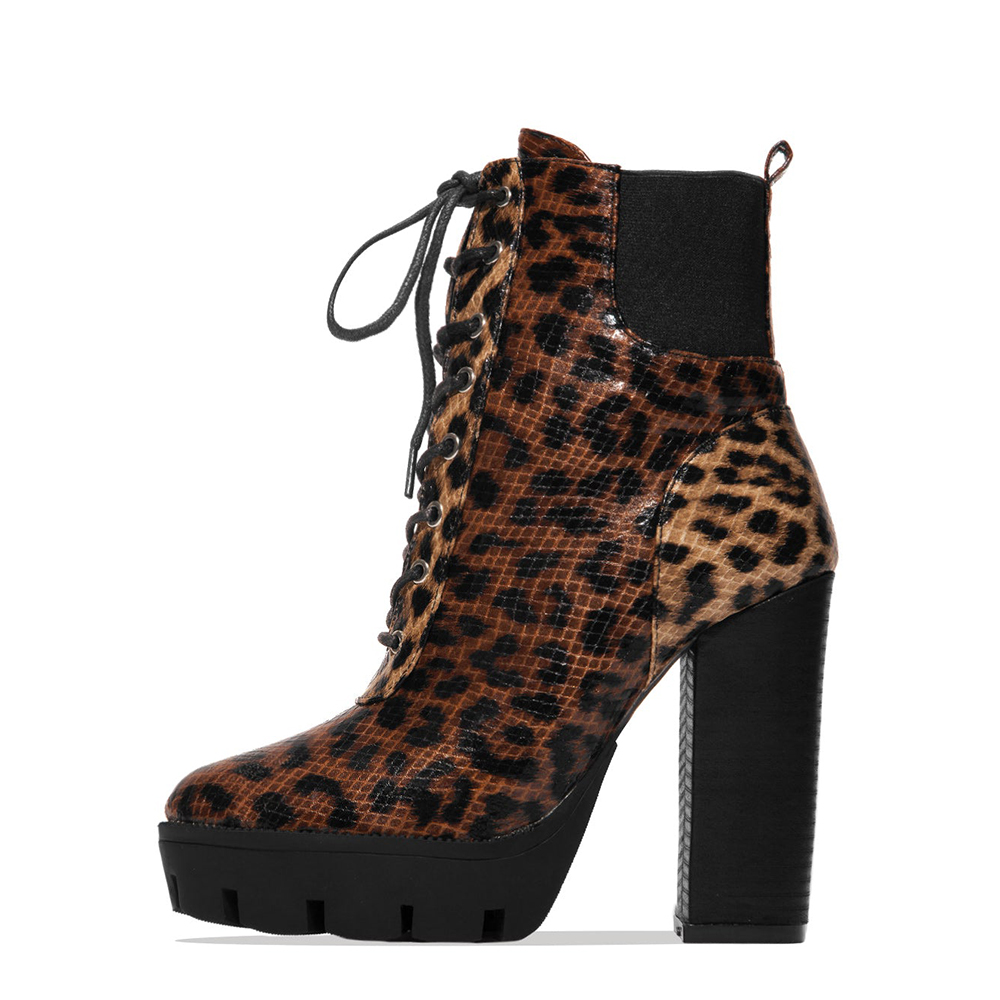 Leopard Square Toe Platform Boots Lace Up Y2K Block Heel Calf Boots Nicepairs