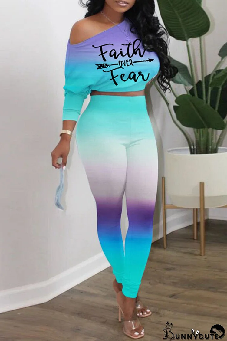 Purple Cyan Fashion Casual Gradual Change Letter Print Basic Oblique Collar Long Sleeve Two Pieces