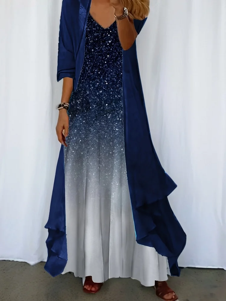Gradient Printed Sleeveless Long Dress With A Two-Piece Set Featuring A Long-Sleeve Chiffon Jacket., Casual Elegant Wear | Asymmetrical Outfit | Flowing Silhouette