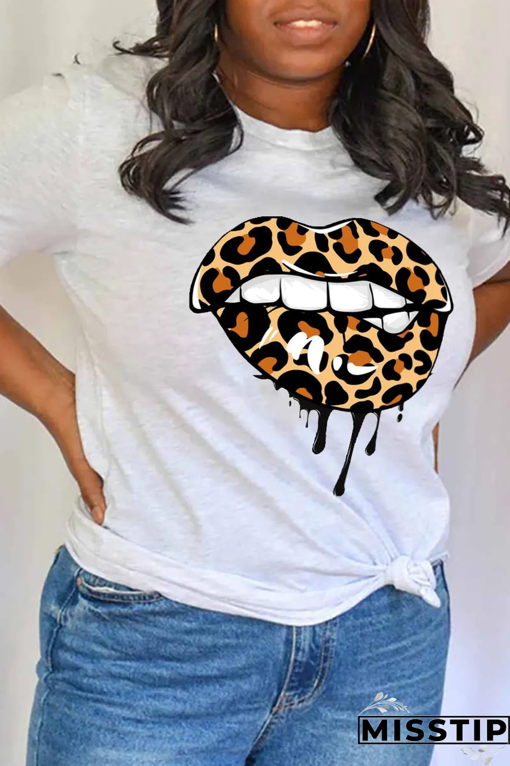 White Casual Vintage Lips Printed Patchwork O Neck T-Shirts