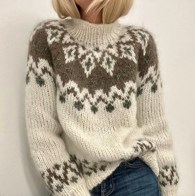 Comstylish Vintage Icelandic Geometric Contrast Sweater