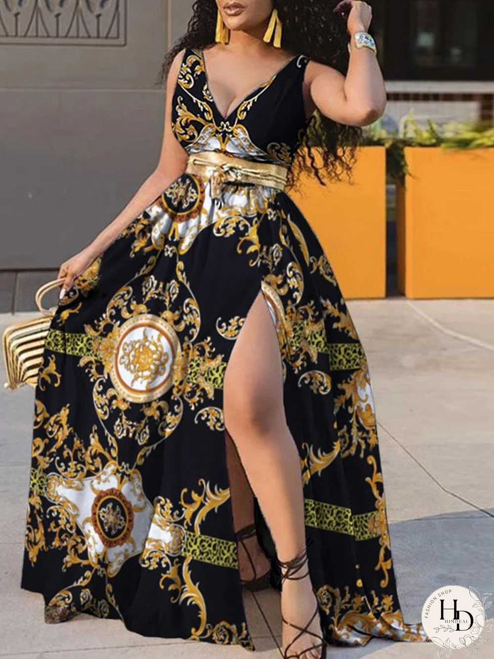 Women Sleeveless V Neck Bohemian Floral Print Beach Dress Sexy High Split Hem Robe Bohemian Vestido Party Beach Dress