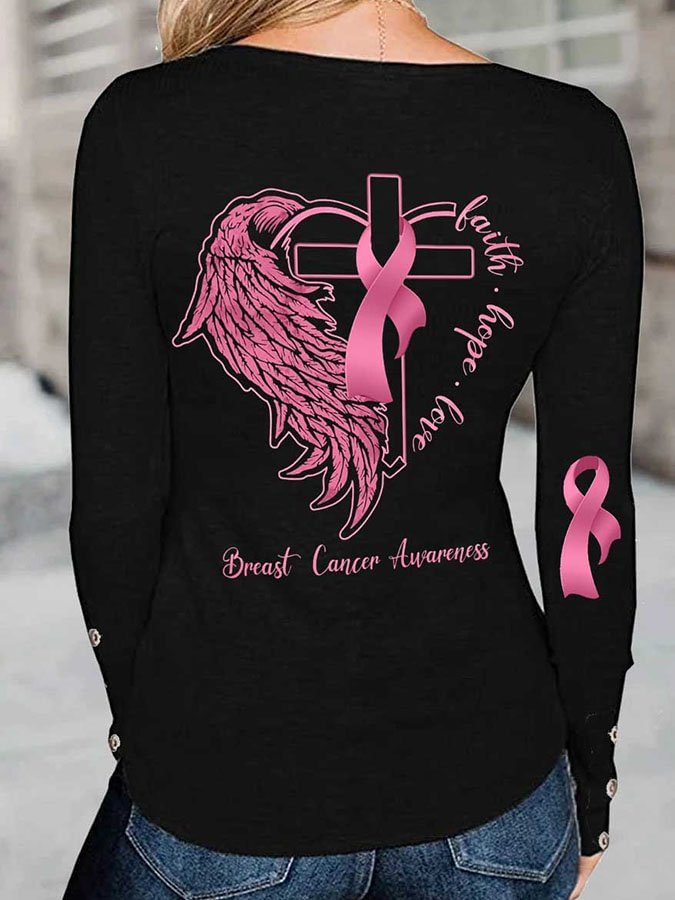 Breast Cancer Awareness Faith Hope Love Print T-shirt