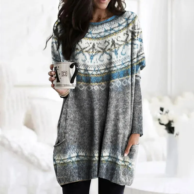 Icelandic Pattern Snowflake Jacquard Vintage Pocket Sweater