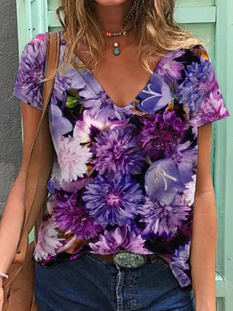 Women's Alzheimer's Awareness Purple Floral V-Neck T-Shirt socialshop