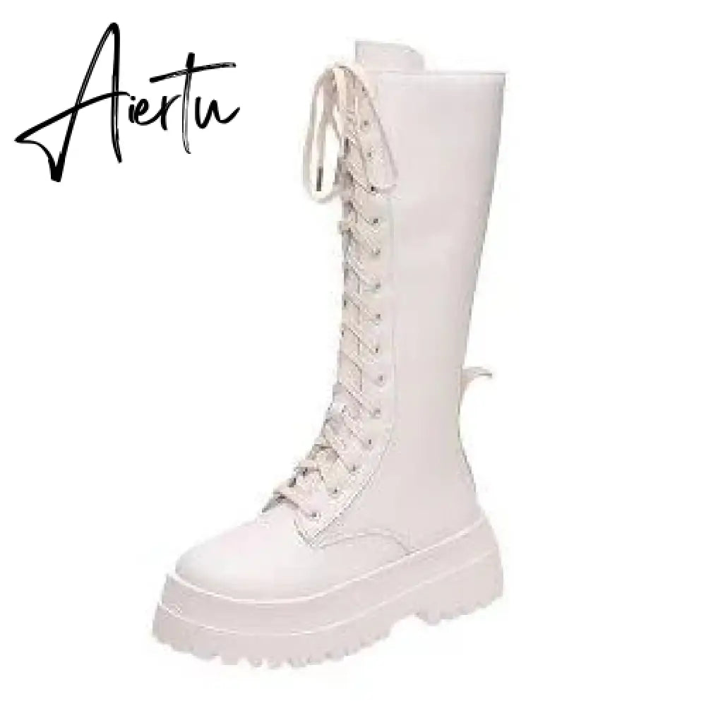 PU Leather Knee Length Long Boots Ultra Fine Fiber Skinny Waterproof Platform Round Toe High Heels Footwear Botas Aiertu