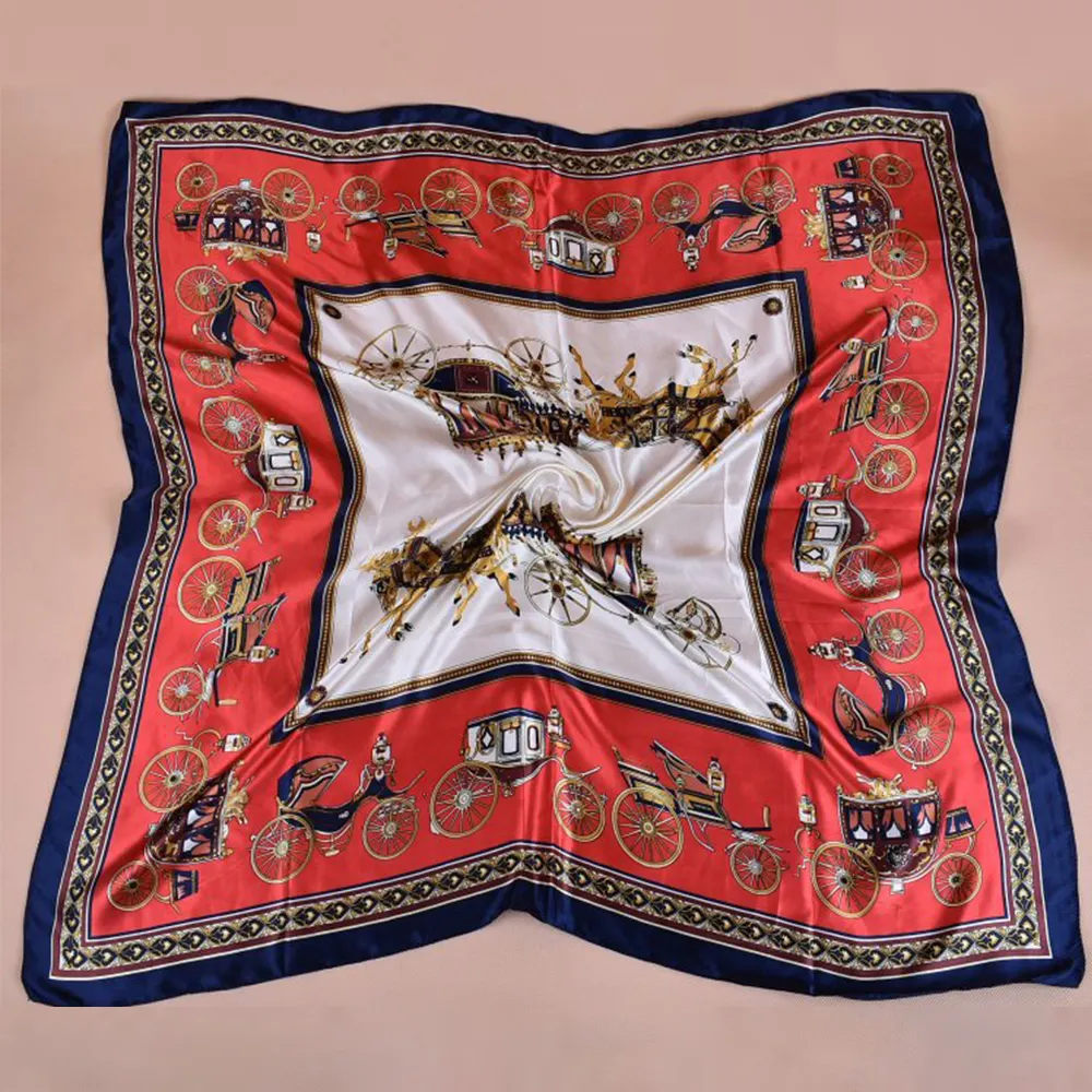 90cm*90cm Red Retro Carriage Pattern Satin Big Square Scarfs-vocosishoes