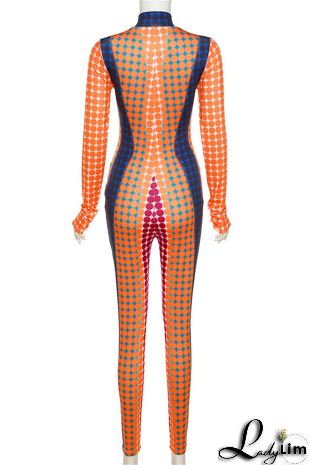 Orange Fashion Casual Print Patchwork Turtleneck Skinny Jumpsuits