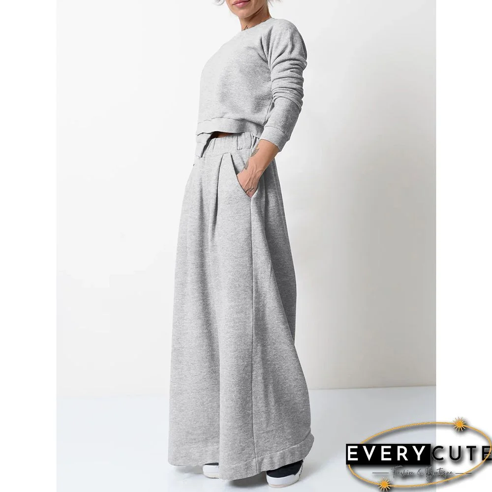 Light Gray Irregular Sweatshirt with Wide Leg Casual Pant Set