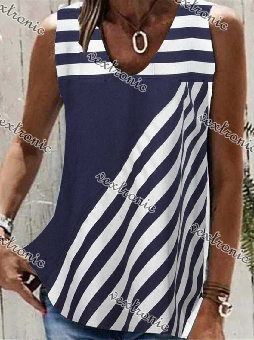 Women Sleeveless V-neck Blue Striped Printed Top