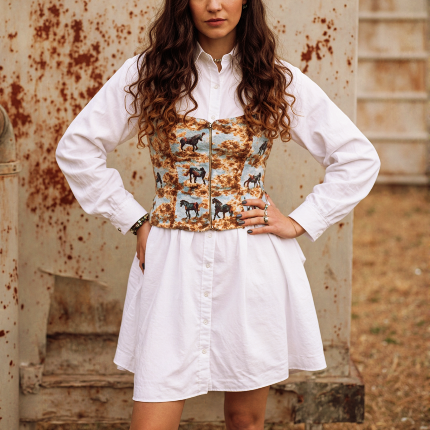Women's Bohemian Elegance: White Shirt Fake Two Midi Dress With Horse Print Corset
