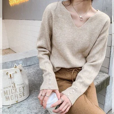 Autumn Winter V-neck Female Pullover Sweaters Full Sleeve Loose Casual Elegant Lady Knitwear 2021 Women Knitted Jumpers 11319
