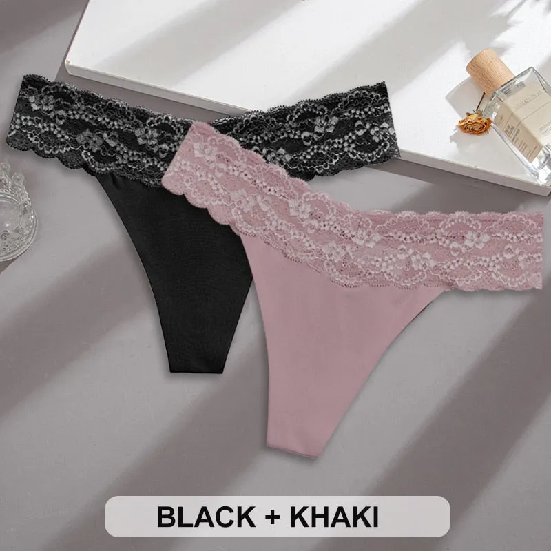 2PCS/Set Lace Panties Sexy Underwear Thong Women Panties G-String Panties Briefs Lingerie Floral V Waist Design Female Underpant