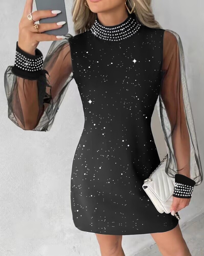 Thepearlpad Youthful Women's Dress 2025 Early Spring Autumn Mock Neck Long Sleeve Sheer Mesh Patch Glitter Rhinestone Casual A Line Dress