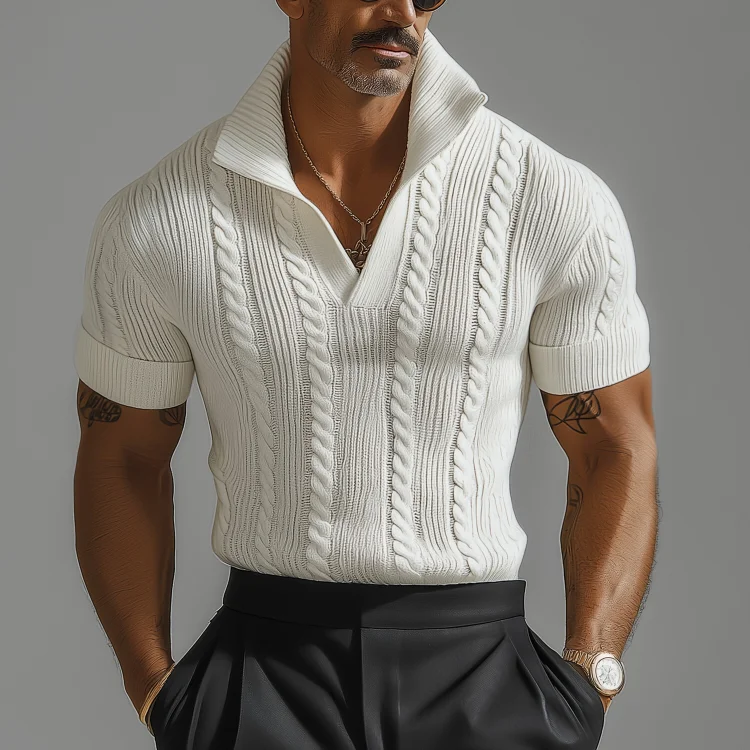 Okaywear Turndown Collar Buttonless Short Sleeve Cable Knit Shirt 