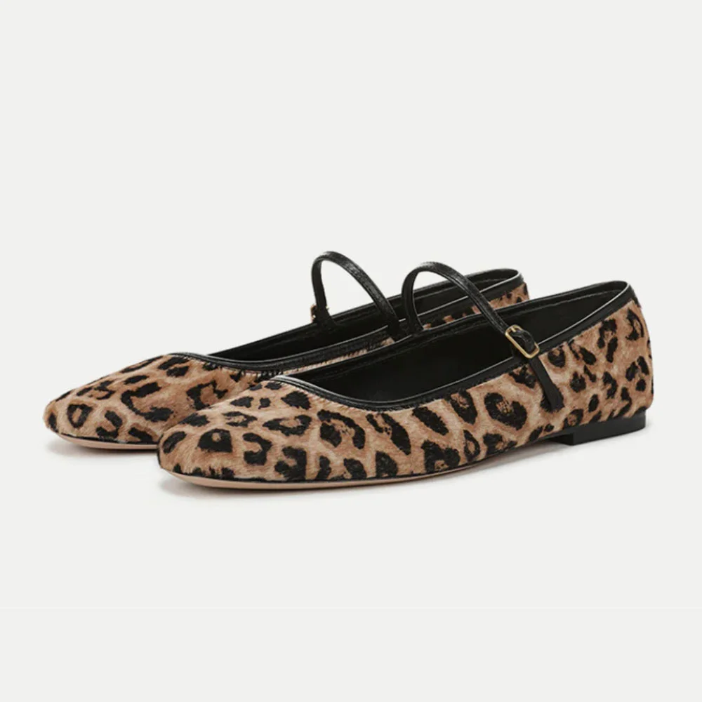 Women's Leopard Print Square Toe Buckled Mary Jane Flats