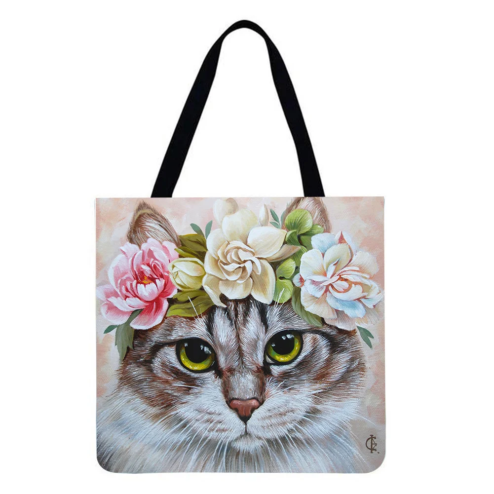 Linen Tote Bag-Cat wreath