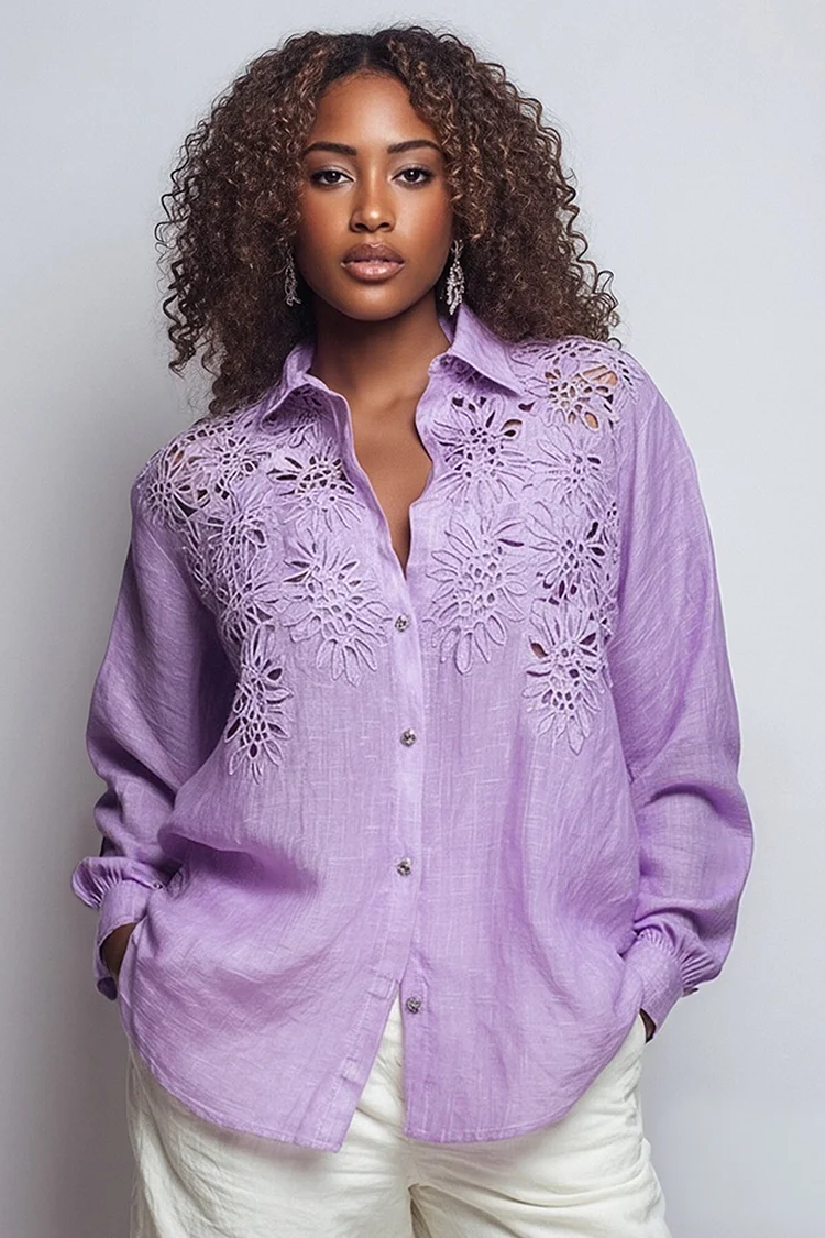 Xpluswear Design Plus Size Business Casual Purple Shirt Collar Lantern Sleeve Long Sleeve Cut Out Linen Blouses [Pre-Order] 2024 - Xpluswear