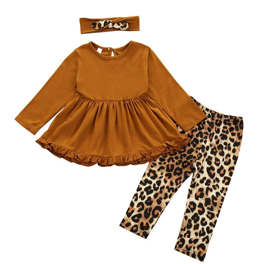 Infant Kids Baby Girl Long-sleeved Trousers Suit Solid Color Ruffles Shirt Leopard Elastic Long Pants and Headband 3pcs Set