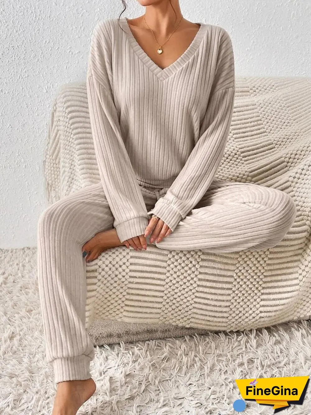 Khaki V-Neck Plain Two Piece Set