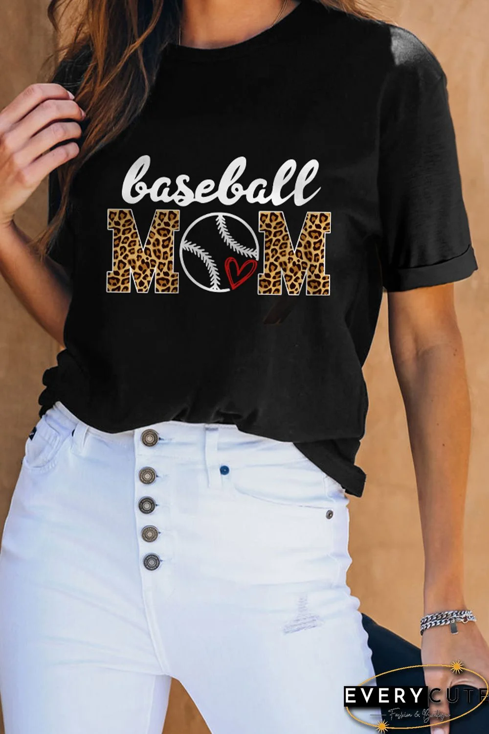 Black Casual Mama Letter Print Leopard Graphic Tee