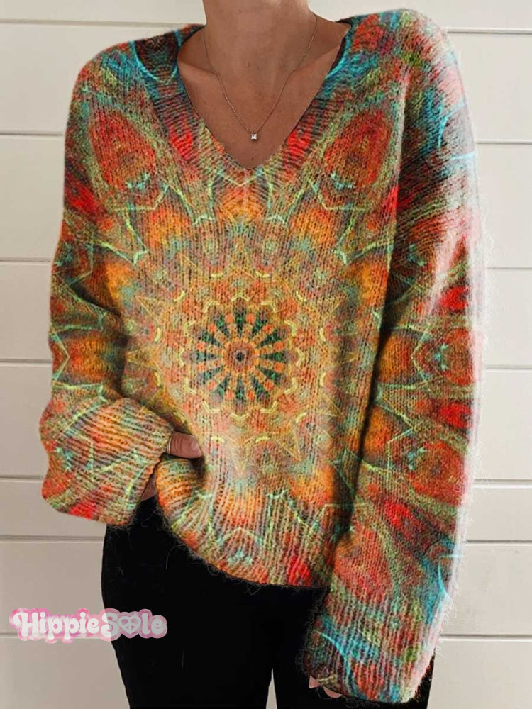 Women’s Retro Ethnic Totem Pattern Love And Peace Art Casual V-Neck Pullover Knit Multicolor / M