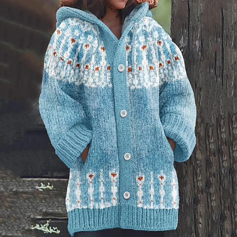 Retro Snowflake Inspiration Icelandic Cozy Hooded Knitted Cardigan