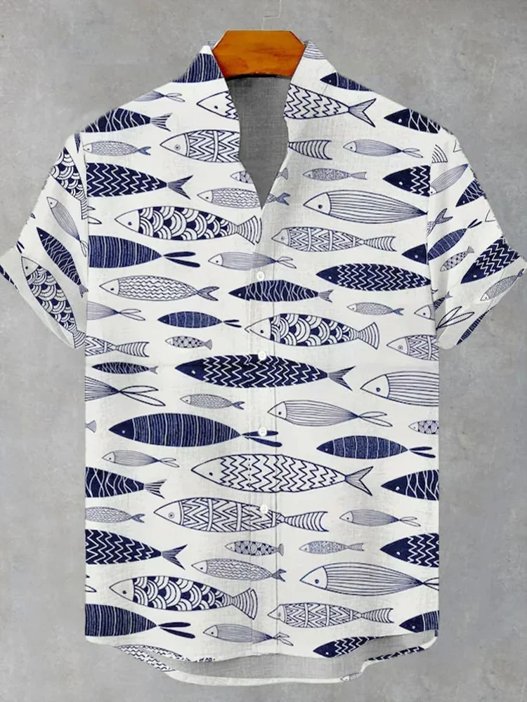 Men's Simple Watercolor Style Fish Print Casual Short Sleeve Shirt