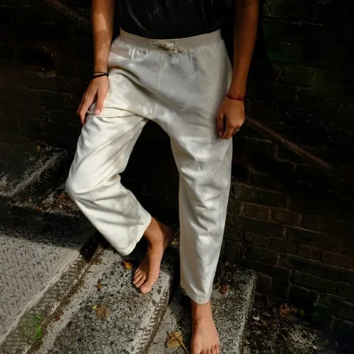 Men's Fashion Casual Loose Rice Apricot White Cotton And Linen Trousers