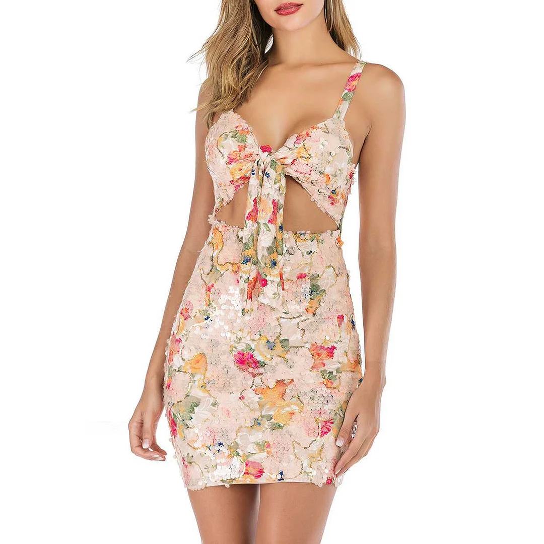 Rainbow Sparkly Full Embellished Tie Front Floral Sequin Dress Cut Out