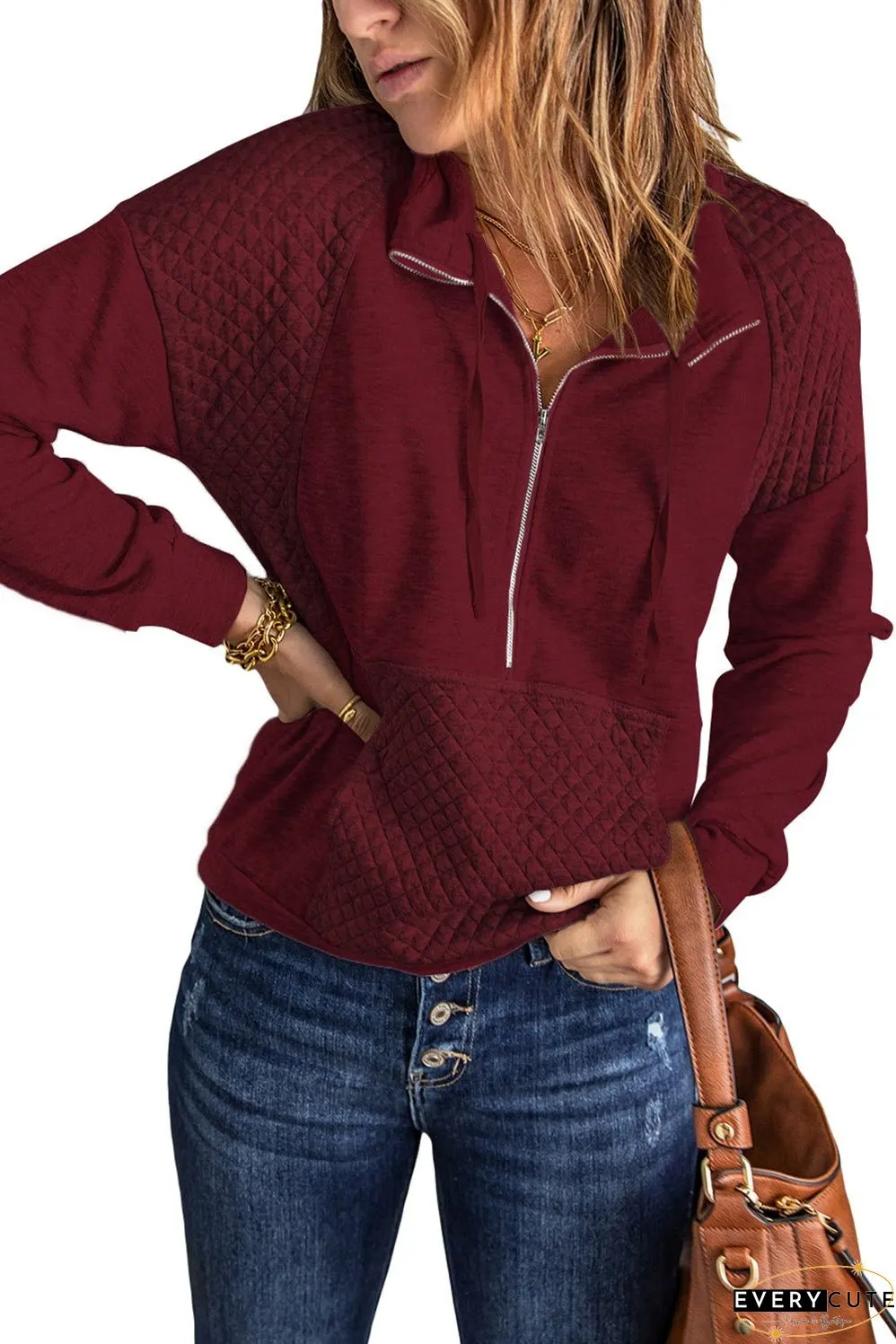 Wine Quilted Patch Half Zipper Sweatshirt