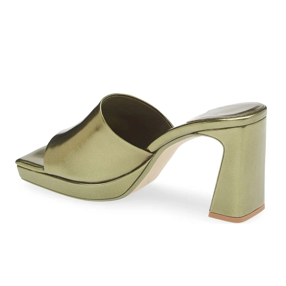 Metallic Open Square Toe Chunky Heel Platform Slide Sandals in Olive