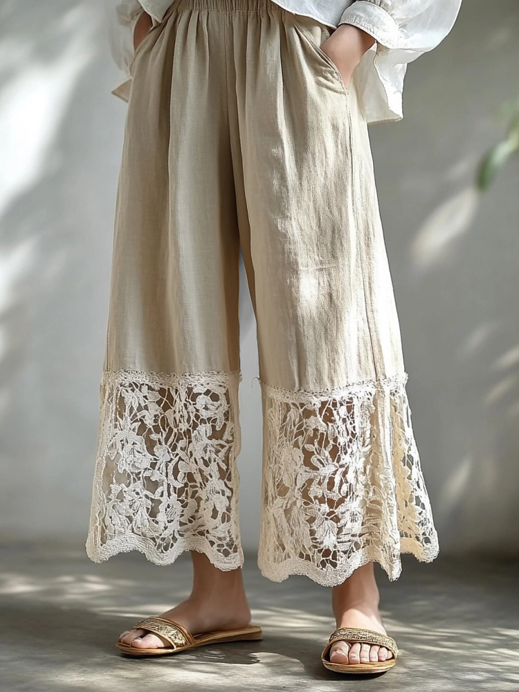 Comstylish Vintage Hollow Floral Lace Patchwork Flowy Linen Pants