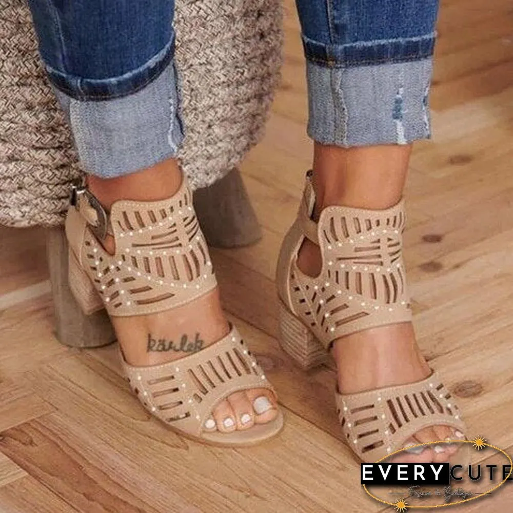 Womens Sandals-Summer High Heels Crystal Mid Heel Slip-On Buckle Ladies Shoes Peep Toe