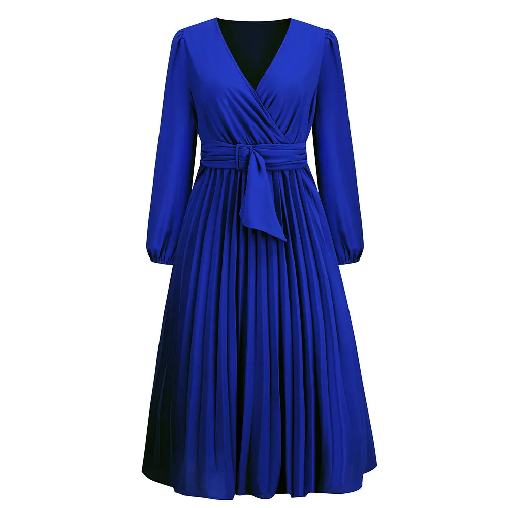 Women's V-Neck Pleated Chiffon Midi Dress