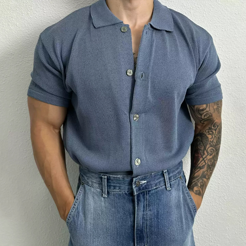 Casual Blue Lapel Stretch Short-Sleeved Polo Shirt