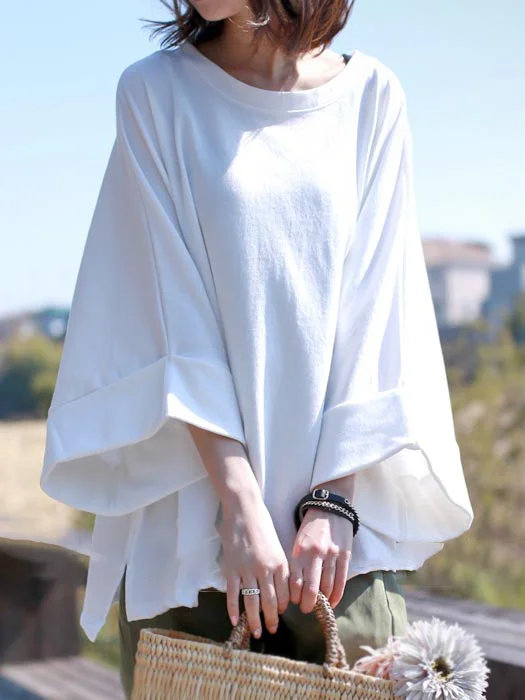 Casual Roomy Pure Color Round-Neck Long Sleeves T-Shirt Top
